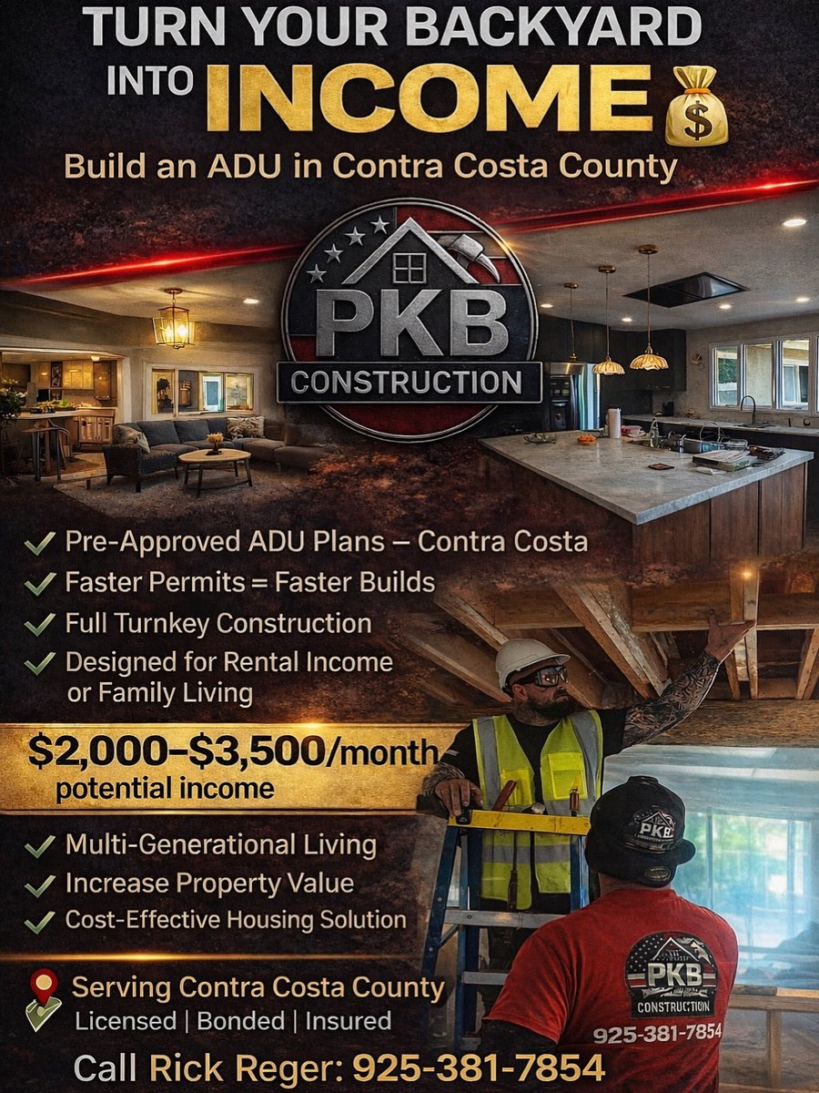 PKB_Bayarea's tweet photo. Turn your backyard into a source of income
ADUs are one of the smartest moves you can make in today’s market whether it’s for rental income, family, or long-term value.
At PKB Construction, we make it simple:
✔ Pre-approved plans in Contra Costa
✔ Faster permits
✔️Turnkey https://t.co/TMb3pOouYE