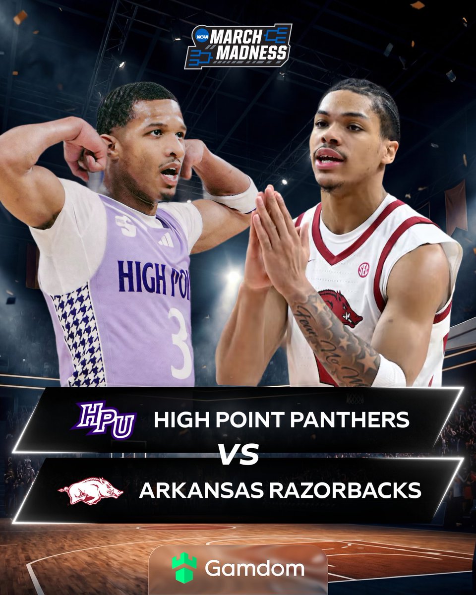gamdomsport's tweet image. The last 12 seed standing is High Point! 

Coach Cal has been praising #HPU all week, so you know he will have #Arkansas locked in. 🔒

At 6:1 odds, High Point is either the Cinderella of the bracket… or the next victim.