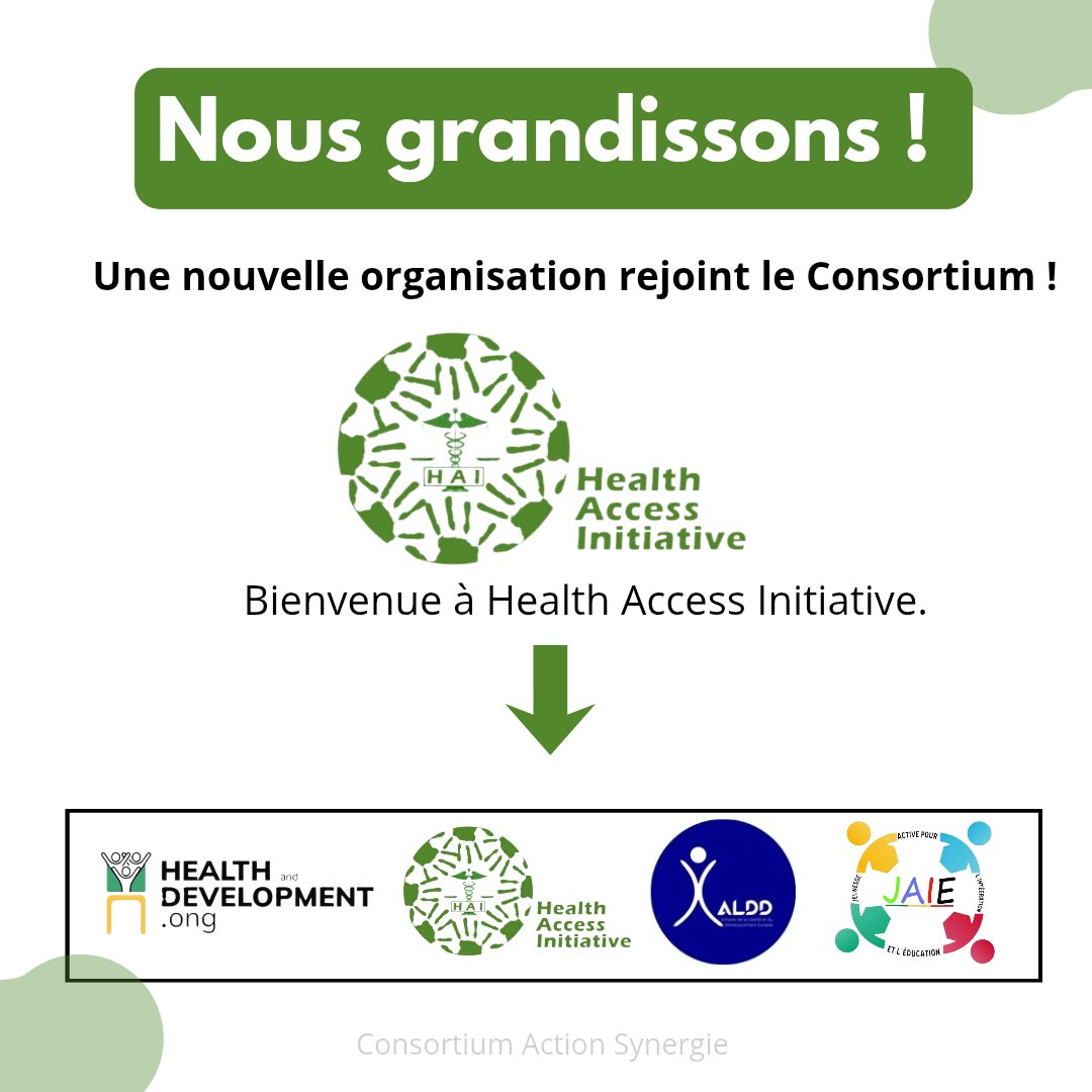 Du #ConsortiumHAJ au #ConsortiumActionSynergie : nous grandissons !
Avec l’adhésion de <a href="/HAI_Benin/">Health Access Initiative (HAI)</a>, notre consortium passe de 3 à 4 organisations engagées : <a href="/healthdevong/">HealthDev ONG</a>, <a href="/OngAldd/">ALDD ONG</a>, <a href="/associationjaie/">Association JAIE</a>.
#ConsortiumActionSynergie