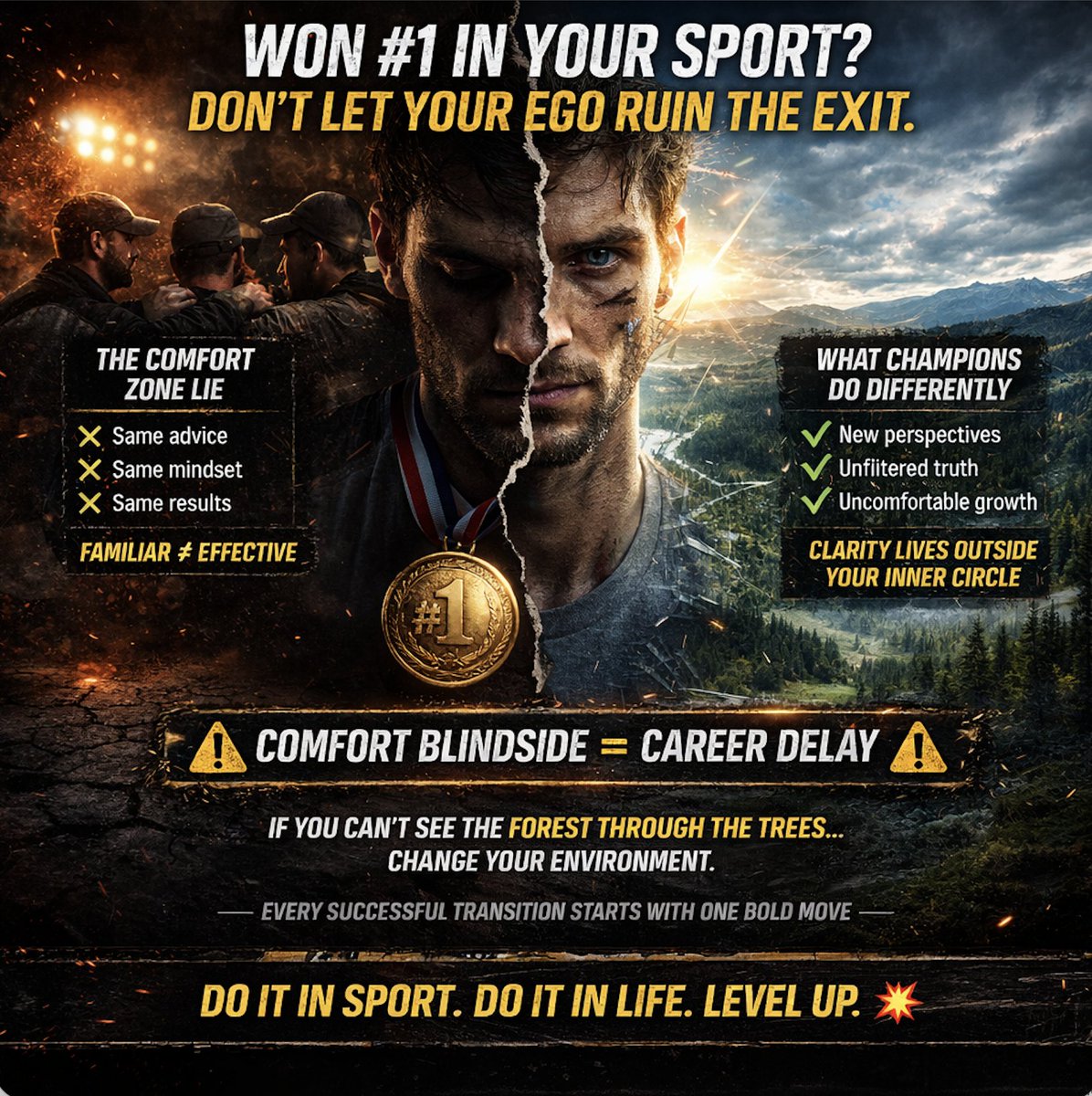 KimFauskee's tweet photo. Elite athletes—here’s the hard truth:

If you’re trying to transition out of sport by listening to the same people who got you there… you’re setting yourself up to stall.

What made you world-class won’t make you successful in what’s next. Different game. Different rules. 🧠

Comfort feels right—but it kills growth.

Familiar voices create blind spots.

And blind spots delay your next win.

The best transitions? They come from stepping outside the circle. New perspectives. Unfiltered truth. Real accountability. 🔥

You got uncomfortable to become elite.

Why would you stop now?

#AthleteTransition #GrowthMindset #LevelUp
