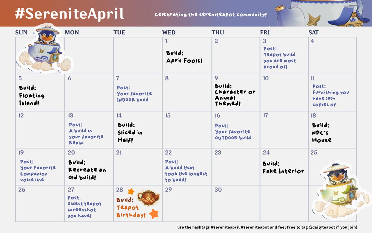 April 28, 2021, was #sereniteapot's release date! This marks teapot's 5th anniversary🥳

In celebration, here are a few build prompts and post prompts for the month of April!

Join  the #SereniteApril mini celebration and have fun with everyone! 💚