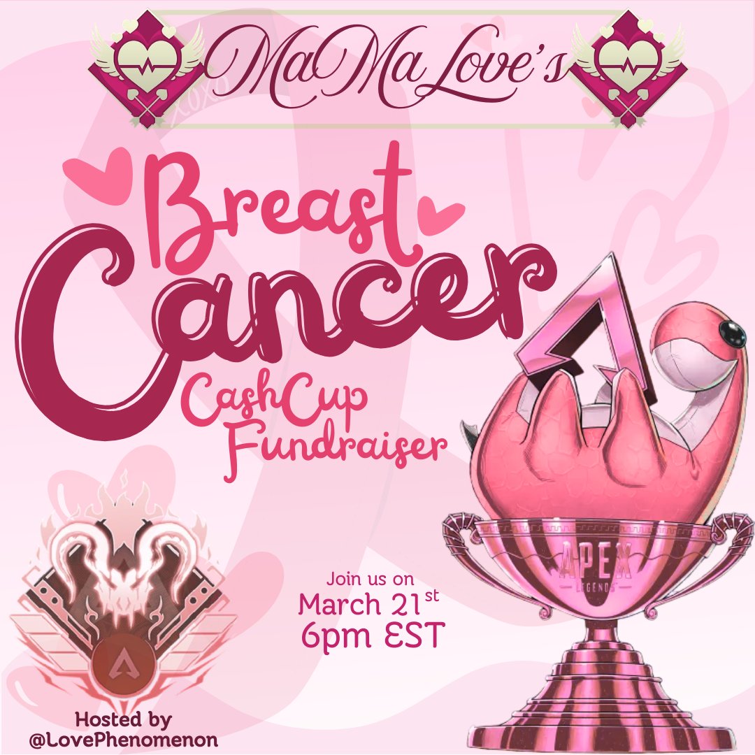 FactsApexServer's tweet photo. 💗 BREAST CANCER CASH CUP FUNDRAISER 💗
Join us TONIGHT 6 PM EST for MaMaLove’s Breast Cancer Cash Cup Fundraiser hosted by @LovePhenomenon — and yes… @IneffableDad , @Waltsy25 , and I will all be competing. 
🎀 Hosted by @LovePhenomenon_ 
#ApexLegends #BreastCancerAwareness https://t.co/iBUtWlxlP2