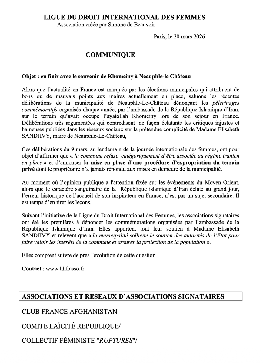 CLR_national's tweet photo. COMMUNIQUÉ :
LIGUE DU DROIT INTERNATIONAL DES FEMMES
Association créée par Simone de Beauvoir
Paris, le 20 mars 2026

Objet : en finir avec le souvenir de Khomeiny à Neauphle-le Château

https://t.co/sj0jc0wxG1 https://t.co/dIJE1yAfSt