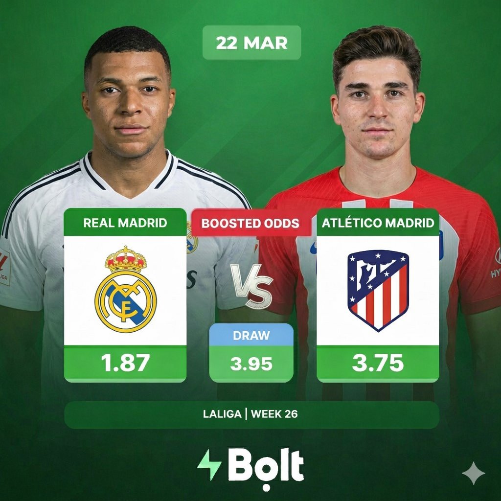BoltCasino_'s tweet photo. Real Madrid vs Atlético Madrid (LaLiga)

Madrid Derby = guaranteed action. ⚔️🔥
 Real Madrid vs Atlético Madrid — one of the most intense rivalries in football.
💰 Real Madrid – 1.87
🤝 Draw – 3.95
🔴 Atlético Madrid – 3.75

Form, rivalry, pressure… everything is set for a high-stakes showdown.
👉 Bet now: https://t.co/HpYHX0dicQ
💸 Take advantage of boosted odds before kickoff