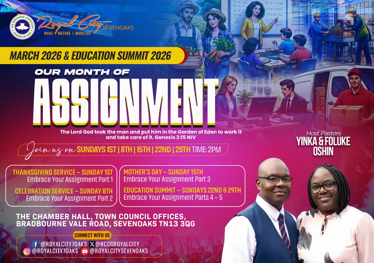 RCCGRoyalCity's tweet image. Celebration Service | Embrace Your #Assignment Part 4 holds today 22nd March 2026 @ 2pm, join us as we discover, embrace and achieve our God given assignment with amazing and undeniable results...
youtu.be/uF5OQmMWaJQ 

#RebuildingMyLifeWithJesus #DivineEstablishment