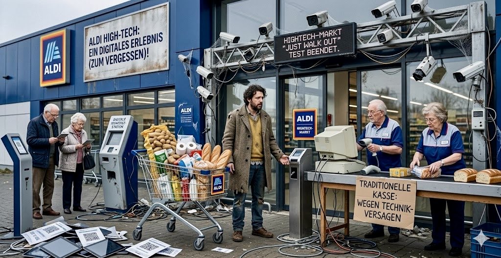 BerlinCaller's tweet photo. Ich schlendere durch diesen Glastempel der vermeintlichen Effizienz und finde mich in einem schlechten Science-Fiction-Film wieder, den selbst Ed Wood als zu unrealistisch abgelehnt hätte. Da stehe ich nun im Aldi-Markt der Zukunft – oder dem, was die PR-Abteilung in ihrer grenze https://t.co/ml6KelGqK9