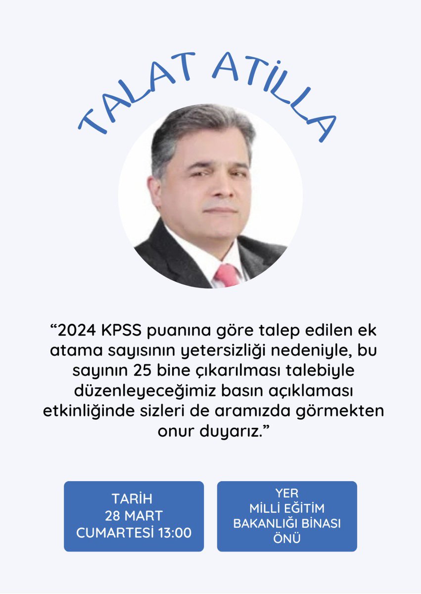 @sayın <a href="/TalatAtilla/">Talat Atilla</a> abim 28 Mart Cumartesi günü saat 13’te sizleri  aramızda görmek istiyoruz. Öğretmen atama mücadelelerine bu zamana kadar verdiğiniz destekleri hiçbir zaman unutmadık ,unutmayacağız. Allah sizden razı olsun.