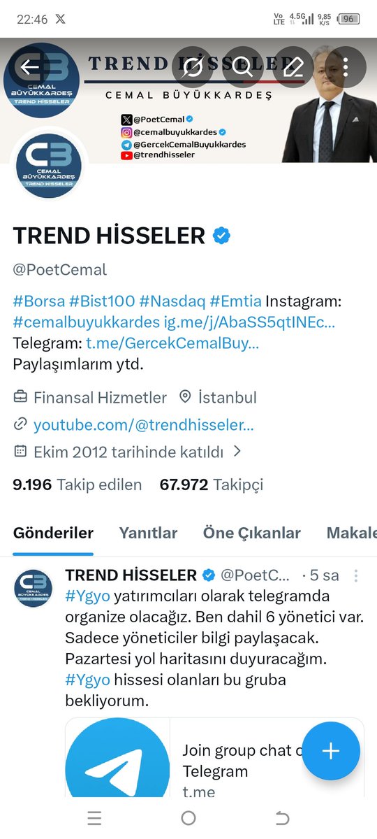 PoetCemal's tweet photo. Benim adım soyadım X profilimde, telegram ve Instagram kanalımda yazıyor. Profilde resmim de var Ayhan Öztürk.
Biraz dikkat etseydin görürdün.

#Ygyo mağdurları sana güvenmiyor ki başka platformların arayışında. 
Biraz çuvaldızı kendine batır bence. Yıllarca Kamil Engin Yeşil'i övdün, sonuç ortada. Hala ona buna laf sokmaya çalışıyorsun.

Kamil Engin Yeşil ile gerçekten dostluğun varsa, söyle iflas istemli alacaklı davalarındaki borcunu ödesin veya istinaf mahkemesine gidip borcunu yapılandırsın. Sonrasında kota dönüş için halka arz şartlarını sağlasın. Bunu sağla ve ilk olarak sen duyur, o zaman biz de seni alkışlarız.

Yarın akşamki yayınını da dinleyecek #Ygyo hisse mağdurları ama bu sefer elle tutulur, bilmediğimiz bir şey anlat lütfen.