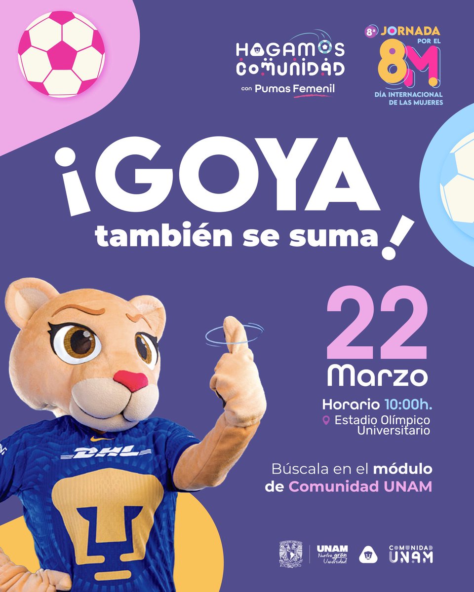 #Goya también se suma!
Mañana 22 de marzo.
¡No te pierdas la oportunidad de conocerla! Estará a las 10am en el módulo de #ComunidadUNAM, en el Estadio Olímpico Universitario. 🎉 
¡Allá nos vemos! 
#ComunidadIncluyente #fútbol #femenil