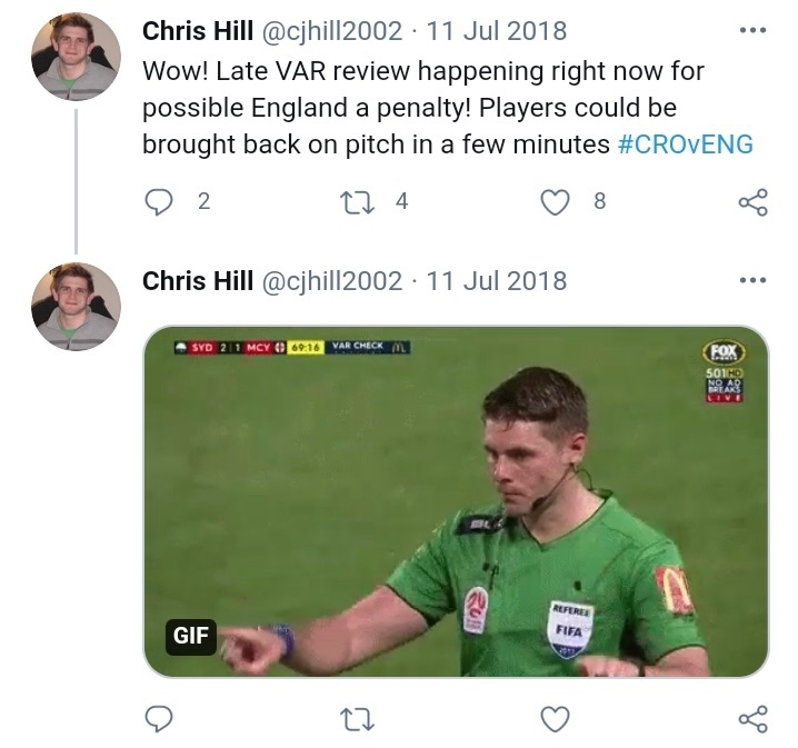 JacobMWhite's tweet photo. @PitchPublishing Favourite World Cup moment… Has to be @cjhill2002’s post-match tweet following #CROENG at #FIFAWorldCup2018, VAR contentious then, even more so then! https://t.co/AJFUWd9e9f