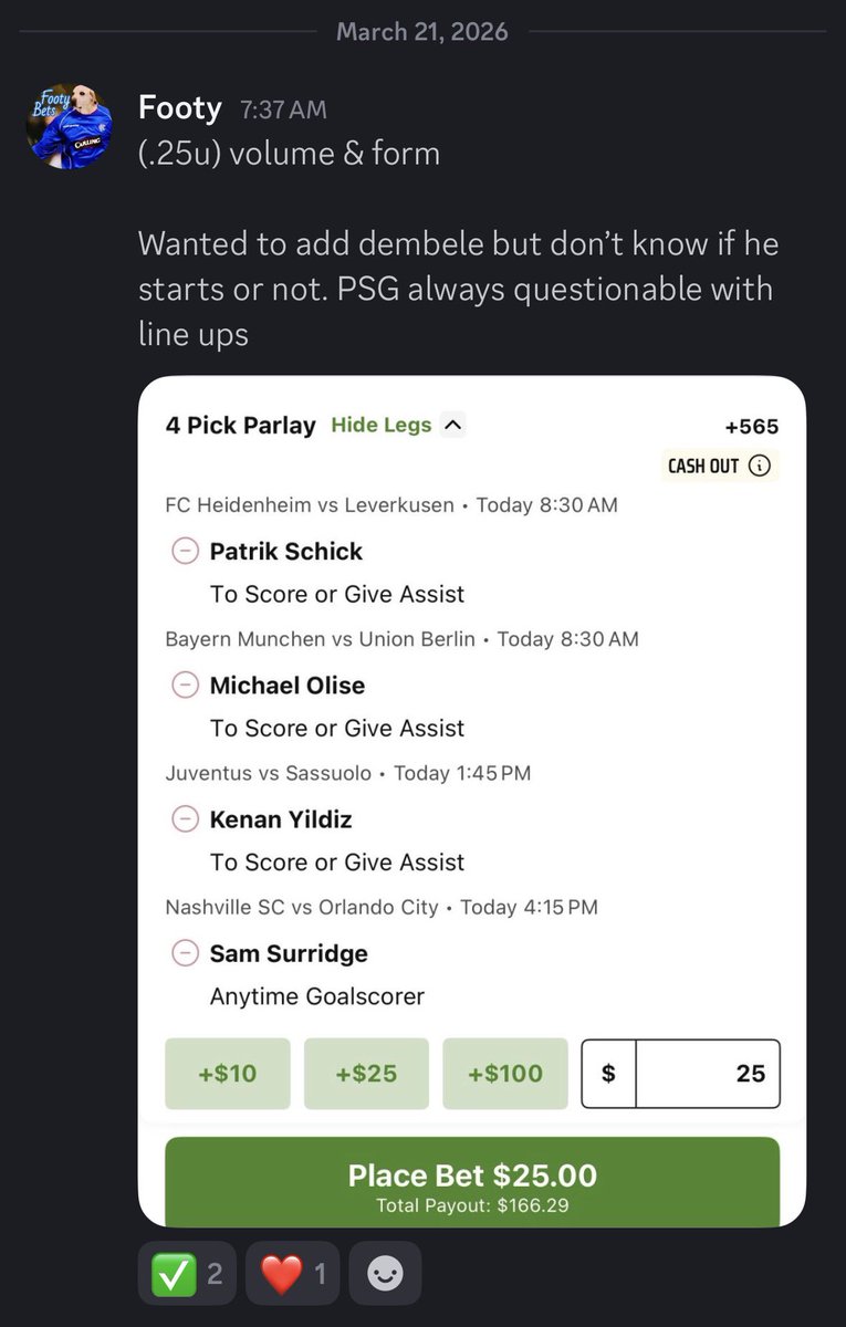 MrFootyBets_'s tweet photo. Back to back? Only props I played today.

Schick ✅ Olise ✅ Yildiz ✅

Sturridge to tuck us in 🤞 

https://t.co/ehkUOAKmRj https://t.co/2ctM9wEI8i