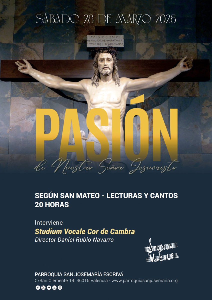 Sábado 28 de marzo ofreceremos el
primer concierto de Semana Santa. Como ya viene siendo habitual cantamos motetes que se incluyen dentro de la lectura de La Pasión según San Mateo en <a href="/SanJosemariaVLC/">Parroquia San Josemaría Valencia</a>  Os esperamos. <a href="/SanNicolasVlc/">Parroquia San Nicolás Valencia</a> <a href="/archivalencia/">Archidiócesis de Valencia</a> <a href="/globalmentaa/">Global Menta</a> <a href="/JuandelHospital/">Iglesia Museo de San Juan del Hospital</a>
