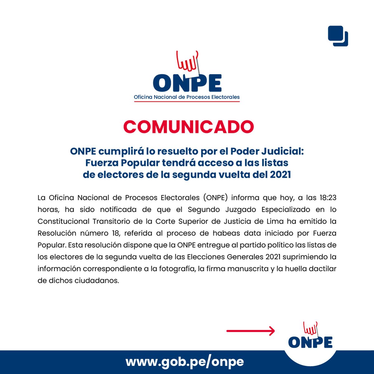 cviguria's tweet photo. Realmente, lo de Fuerza popular, cuya candidata es Keiko Fujimori y tiene casi toda una actual bancada que quiere la reelección, es una pataleta. Gana proceso pero quiere la información personal de todos los peruanos y sin pagar un sol por información física. 

Mientras que el comunicado de ONPE precisa lo que ha ordenado el PJ y que acatará, Fuerza Popular cuestiona en comunicado que le darían información "parcial" y además un pago de 17 millones de soles. "Una barrera dice". A propósito, cuando los ciudadanos comunes solicitamos información por transparencia, esta es gratuita cuando es digital. Y cuando es en medio impreso o físico, suele tener un costo. Por qué el partido naranja quiere un beneficio superior al de todos los ciudadanos? 

Pero lo grave es que Fuerza popular exige que se le entregue la información completa que incluye: nombres, apellidos, fotografía, firma y huella dactilar. Por qué un partido político puede tener la información personal de todos los ciudadanos que votamos en las elecciones 2021? 
Onpe ha señalado que suprimirá esos datos por vulnerar ley de datos personales.

Pero para qué me gasto, lean los dos comunicados: