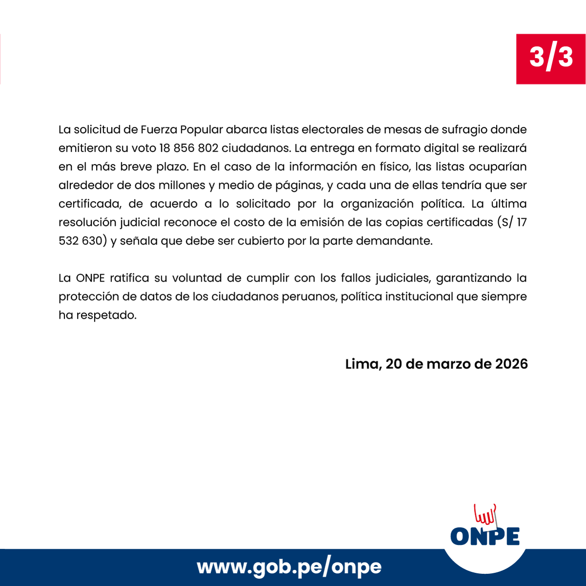 cviguria's tweet photo. Realmente, lo de Fuerza popular, cuya candidata es Keiko Fujimori y tiene casi toda una actual bancada que quiere la reelección, es una pataleta. Gana proceso pero quiere la información personal de todos los peruanos y sin pagar un sol por información física. 

Mientras que el comunicado de ONPE precisa lo que ha ordenado el PJ y que acatará, Fuerza Popular cuestiona en comunicado que le darían información "parcial" y además un pago de 17 millones de soles. "Una barrera dice". A propósito, cuando los ciudadanos comunes solicitamos información por transparencia, esta es gratuita cuando es digital. Y cuando es en medio impreso o físico, suele tener un costo. Por qué el partido naranja quiere un beneficio superior al de todos los ciudadanos? 

Pero lo grave es que Fuerza popular exige que se le entregue la información completa que incluye: nombres, apellidos, fotografía, firma y huella dactilar. Por qué un partido político puede tener la información personal de todos los ciudadanos que votamos en las elecciones 2021? 
Onpe ha señalado que suprimirá esos datos por vulnerar ley de datos personales.

Pero para qué me gasto, lean los dos comunicados: