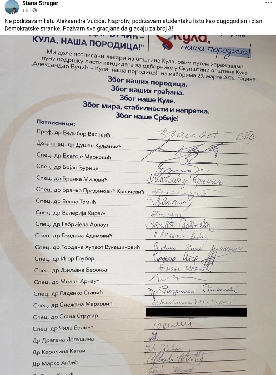 SNS falsifikuje potpise podrške lekara za Kulu. Dr Bojan Đurica i dr Stana Strugar su javno izašli i rekli da je njihova podrška falsifikovana.
Lažovi i jadnici!