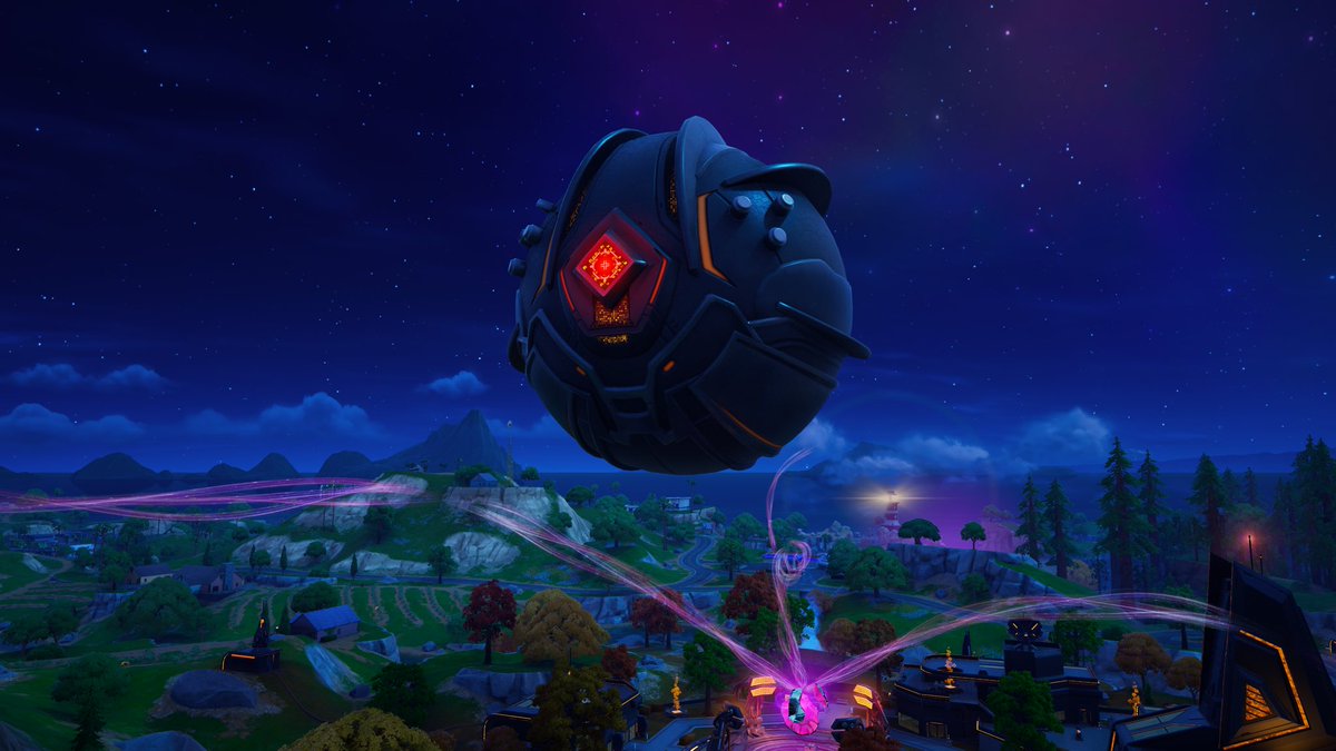 ZxnthLight's tweet image. The Dark Harvester has RETURNED to Reality-266, this time with a new look! Hovering above The Dark Voyager's Echo, the Harvester now pulses a red-orange colour, and has a crosshair at the front.

#Fortnite #FortniteBR