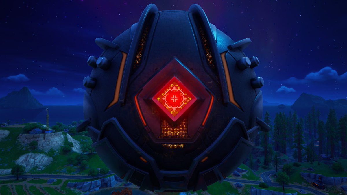 ZxnthLight's tweet image. The Dark Harvester has RETURNED to Reality-266, this time with a new look! Hovering above The Dark Voyager's Echo, the Harvester now pulses a red-orange colour, and has a crosshair at the front.

#Fortnite #FortniteBR