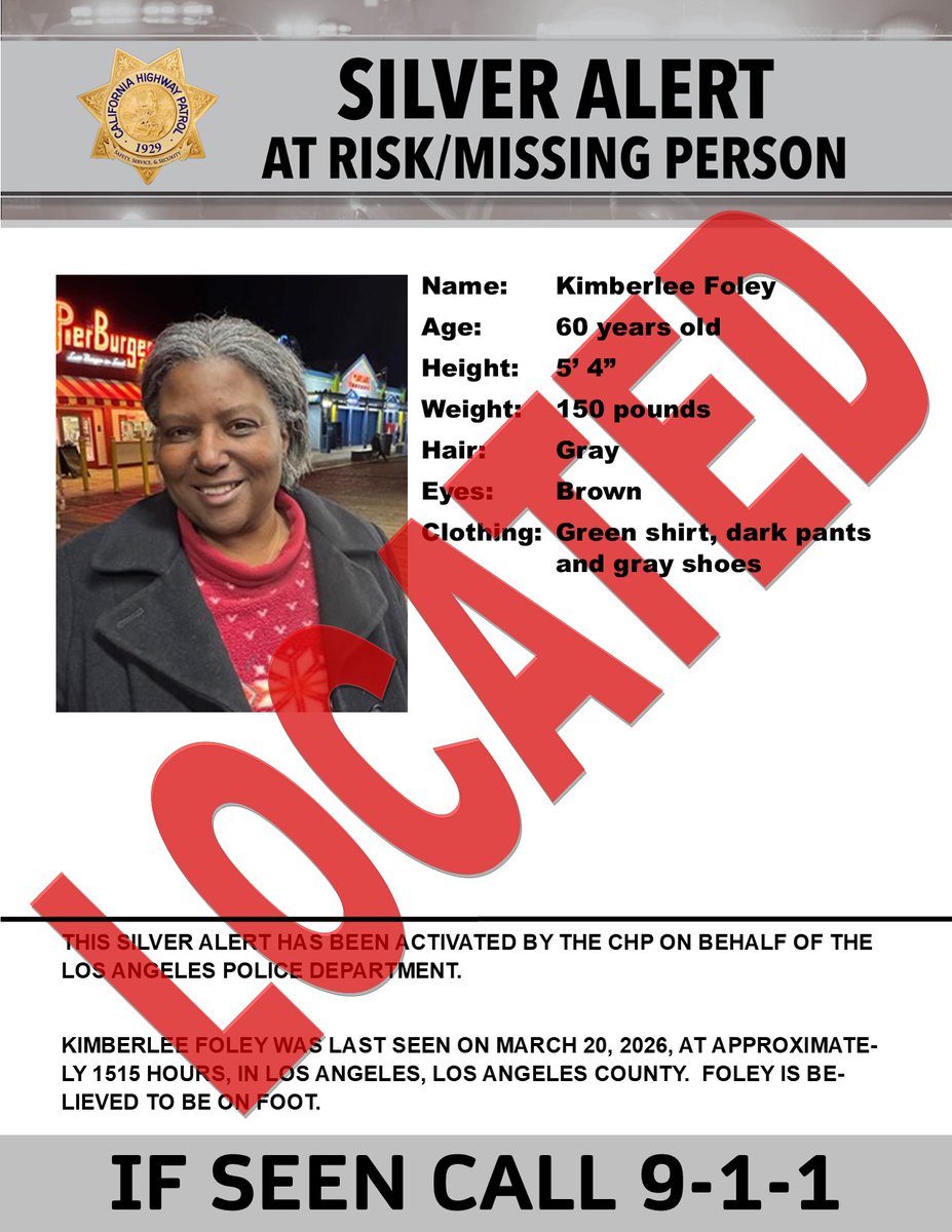 This SILVER Alert has been deactivated.
The subject has been located.
******************************************

SILVER ALERT - Los Angeles County
Last seen: 5th Avenue and W 43rd Street, Los Angeles
<a href="/LAPDHQ/">LAPD HQ</a>

IF SEEN, CALL 9-1-1
