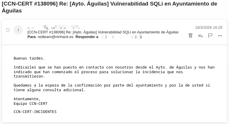 _Ninhack's tweet photo. Actualizamos este caso con el feedback recibido por parte de @INCIBE @incibe_cert.

Hubo respuesta por parte del Ayuntamiento de Águilas y parece que han comenzado a implementar medidas para solucionar la vulnerabilidad reportada por Ninhack.

https://t.co/dGeDmHcJbR https://t.co/d6K2vcHKN1