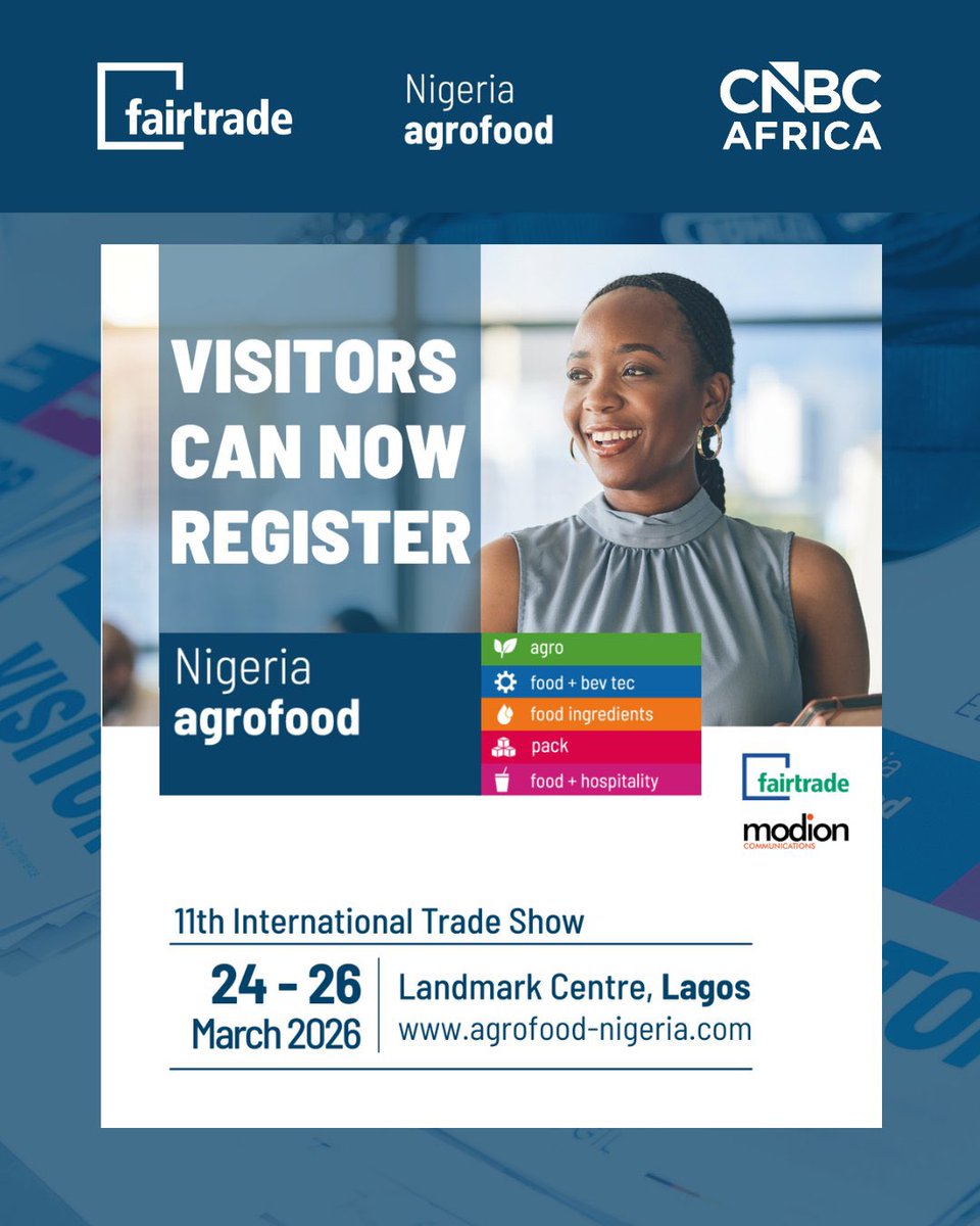 LgFarmerPodcast's tweet photo. West Africa’s biggest agrofood event is here! The 11th agrofood Nigeria kicks off 24-26 March at Landmark Centre, Lagos.

Record over 130 exhibitors from 17 countries, with innovations in agro, food processing, packaging &amp; more.  

Register free: https://t.co/dJG3Z82RAd https://t.co/3JXzDJqUfn