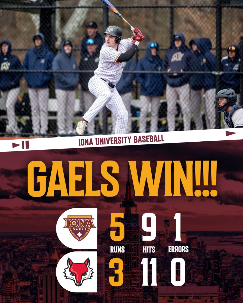 IonaBaseball's tweet photo. #GAELSWIN!!!
The Maroon & Gold pick up a big 5-3 win over the Red Foxes!
Stephenson came through in the clutch, delivering the go-ahead knock with a single in the seventh. Lang stepped up again, tossing five innings of relief while allowing just four hits and no runs! https://t.co/0yXRykiHiQ