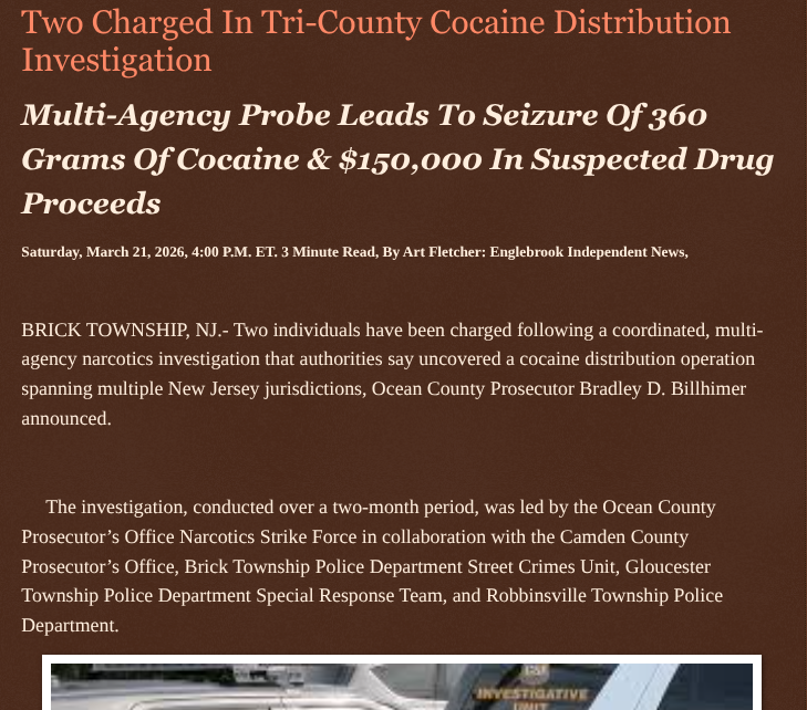 ArtFletcher9's tweet photo. Two Charged In Tri-County Cocaine Distribution Investigation https://t.co/NnWMIT5OTA via @Englebrooknews #NewJersey #OceanCountyNJ #BrickTownshipNJ #CamdenCountyNJ #TrentonNJ #SouthTomsRiverNJ #ClementonNJ #drug #bust #narcotics #charges @wireless_step @HRG_Media @LodiNJNews @Fordmb1953 @SarahGeving1 @Shannon96574094 @Daytobehappy @janninereid1 @gator4kb18 @MichelleF_35 @TrumpWasRite2 @KathyKbrose @RobGerundo @JimBobW49