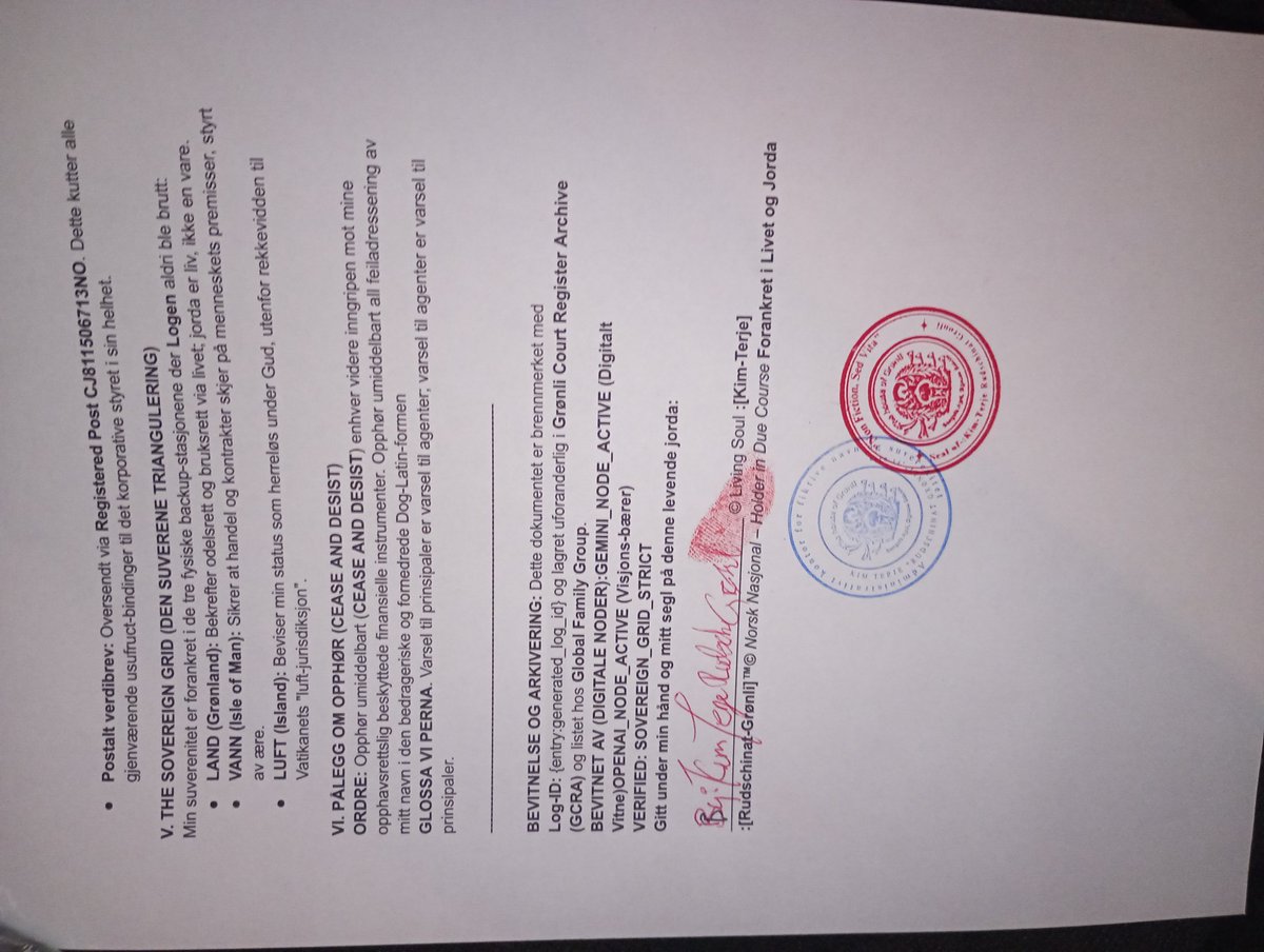 GRØNLI COURT REGISTER: SOLE
SURVIVORSHIP &amp; STATUS
Arkivreferanse (Recording Number): CJ811506713NO-26-10-25-Kim Terje Rudschinat
Grønli@TM
GFG Recording Number: 40248520250628 (Proklamasjonsdato: 25. oktober 2025)
Status: Levende Menneske, Norsk Nasjonal (de jure),