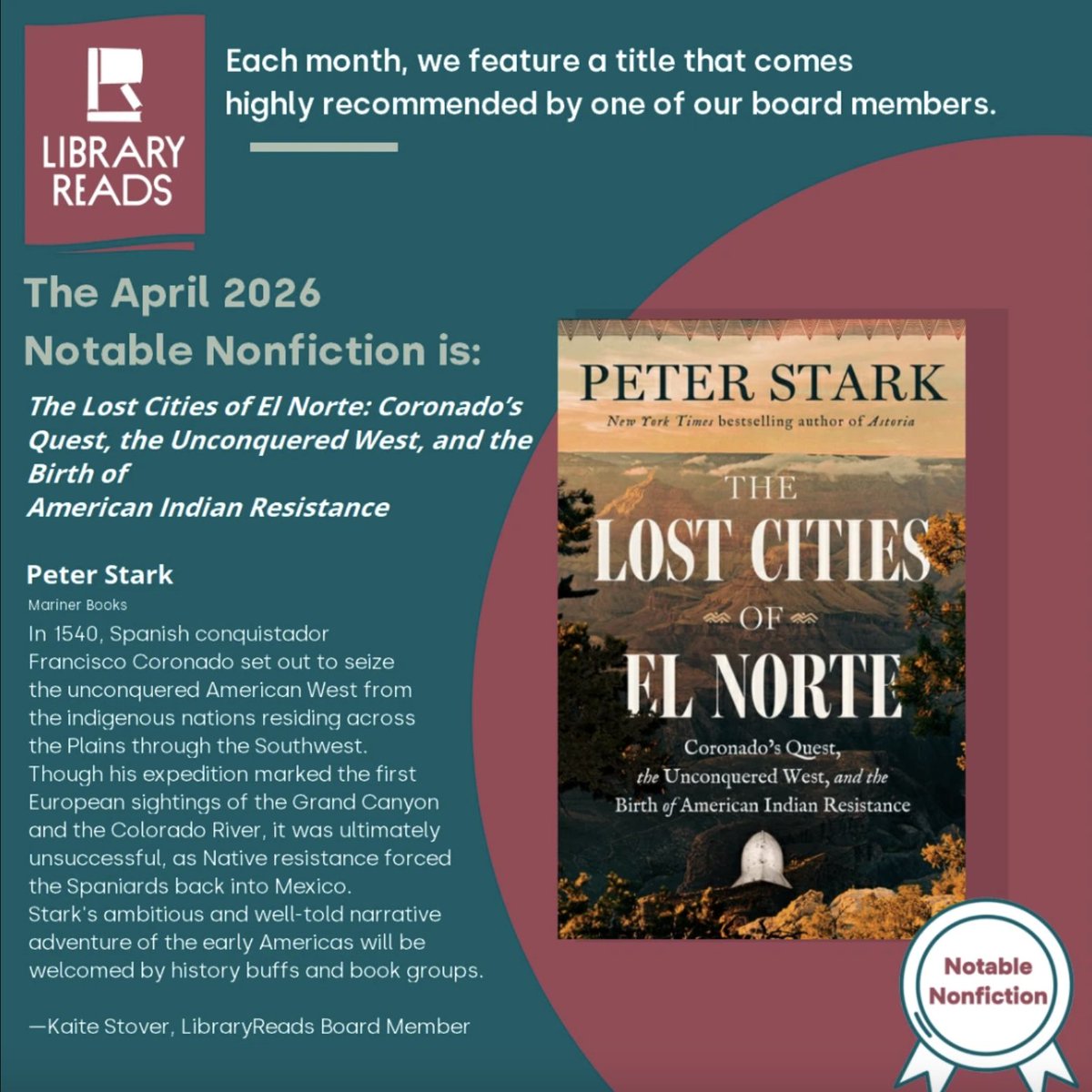 With much gratitude to the nation's librarians, for all that they do.  I'm honored that "Lost Cities" has been chosen as April's "Notable Nonfiction" pick by LibraryReads -- the monthly nationwide library staff book choices to help connect readers with books.