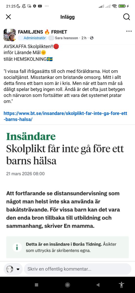NatalieBurea's tweet photo. AVSKAFFA Skolplikten!!🛑 
inför Lärande Mål🌞 
tillåt HEMSKOLNING🇸🇪

"I vissa fall ifrågasätts till och med föräldrarna. Hot om socialtjänst. Misstankar om bristande omsorg. https://t.co/X458uBtlCd