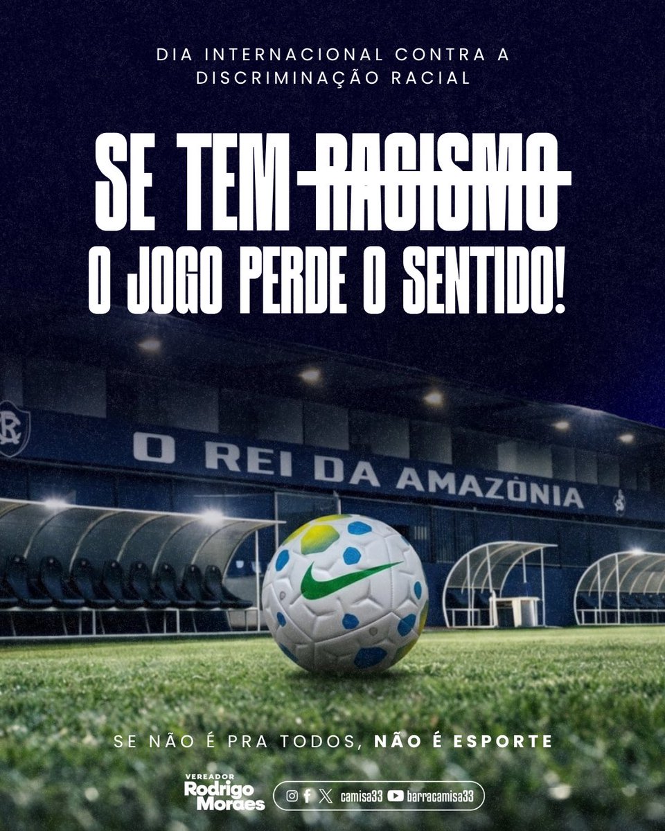 CAMISA33's tweet photo. Não existe espaço pra racismo no esporte, nem na vida. Não existe justificativa, não existe “brincadeira”, não existe meio termo.
Que a gente siga ocupando, respeitando e defendendo cada espaço com consciência e atitude.
Racismo não é opinião. É crime.
#BarraDoRemo #Camisa33 https://t.co/TusXo2PNGt