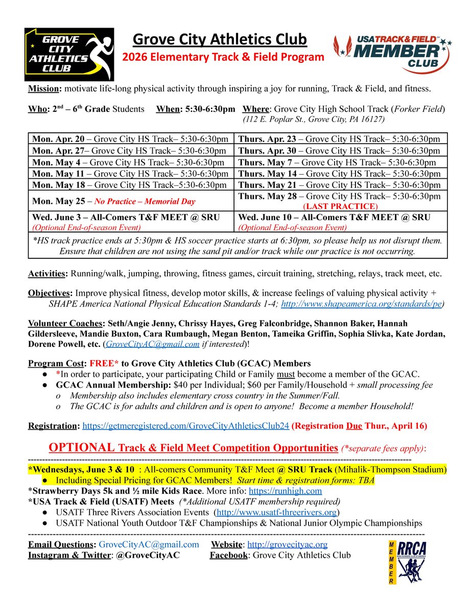 grovecityac's tweet photo. Grove City Athletics Club
Elementary Outdoor Track &amp; Field (2nd-6th grade)

Registration: https://t.co/rbQdT7vXvQ

No separate registration for the program; just become a member.

See you there! https://t.co/xnj8qmdoiq