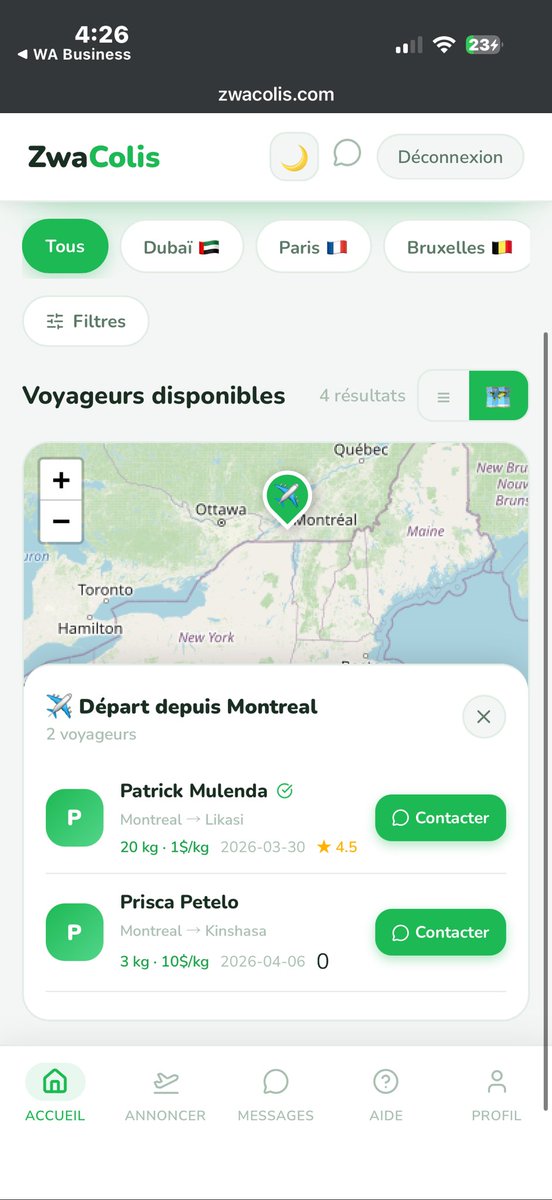 Tu peux trouver des voyages directement dans le map ! Il vous suffit de cliquer sur un icône (comme dans cette capture) et vous allez trouver les voyageurs potentiels. 
#ZwaColis, c’est pour vous faciliter la vie !
👉🏾 zwacolis.com