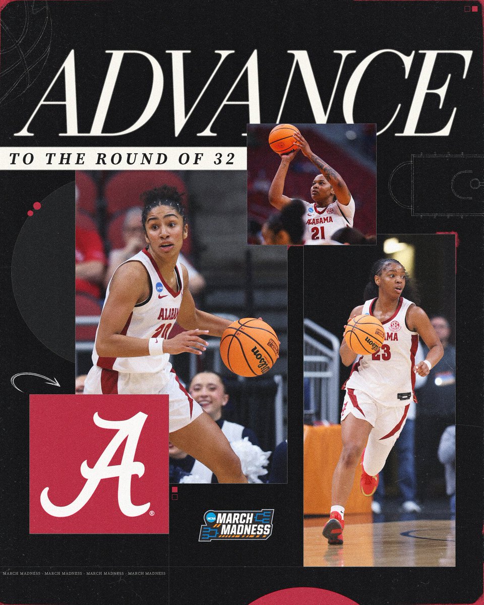 MarchMadnessWBB's tweet photo. ALABAMA ADVANCE 🐘

(6) Alabama defeats (11) Rhode Island 68–55 to move on to the Second Round for its third consecutive season!

#MarchMadness https://t.co/TLizbjSZpw