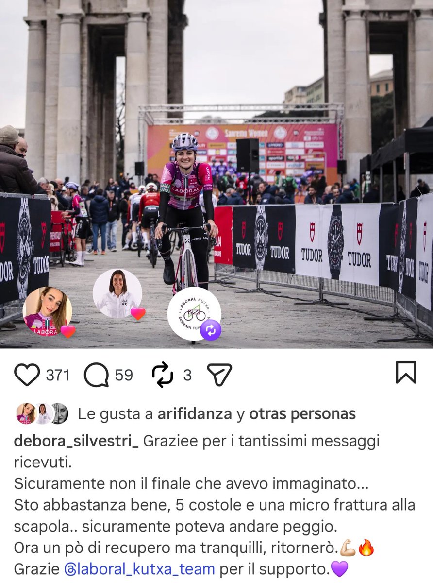 🗣 Debora Silvestri, en sus RRSS, agradece el apoyo recibido tras la caída en la Milano Sanremo 

🏥 La italiana confirma que sufre fractura de 5 costillas y una microfractura en la escápula 

💪 "Volveré"

#EsenciaCiclista #LaboralKutxa #DeboraSilvestri 
📸 Esencia Ciclista