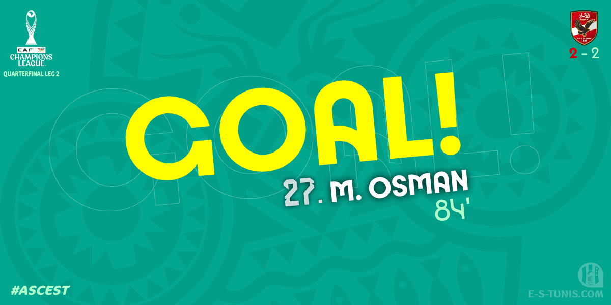 ESTuniscom's tweet photo. ⏱ 85' | #TotalEnergiesCAFCL 1/4 Final #ASCEST | 🇪🇬@AlAhly 2⃣-2⃣ @ESTuniscom🇹🇳 : ⚽️ M. Osman (ASC) scores! / هدف / But https://t.co/2rlmG7Db5I