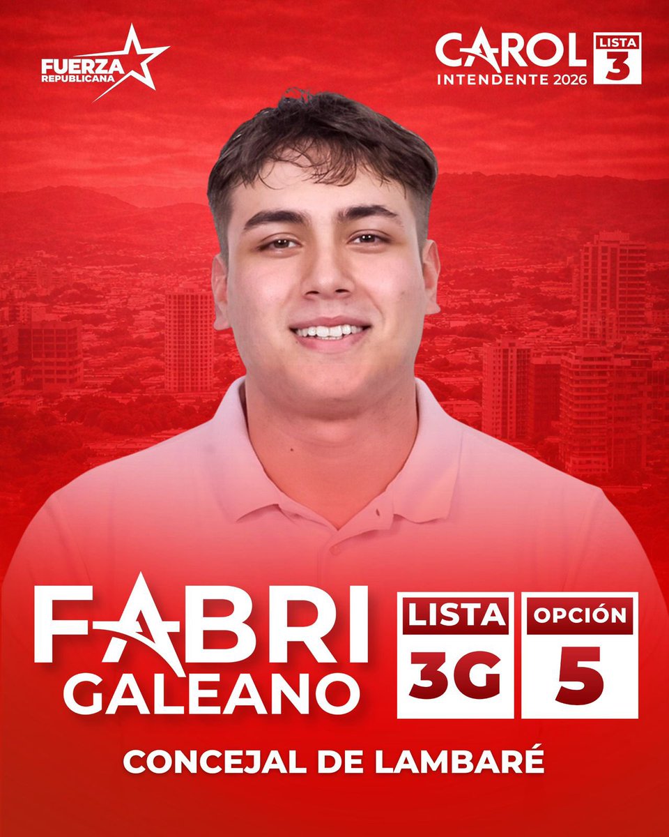 lacostasoy's tweet photo. Sección “Caras nuevas”. Fabri Galeano, joven empresario, se posiciona en la lista 3G opción 5 para concejal de Lambaré.
Fabri busca un lugar en la junta como figura de la renovación política. Se presenta por el movimiento Fuerza Republicana. https://t.co/oPBzRWpkdr