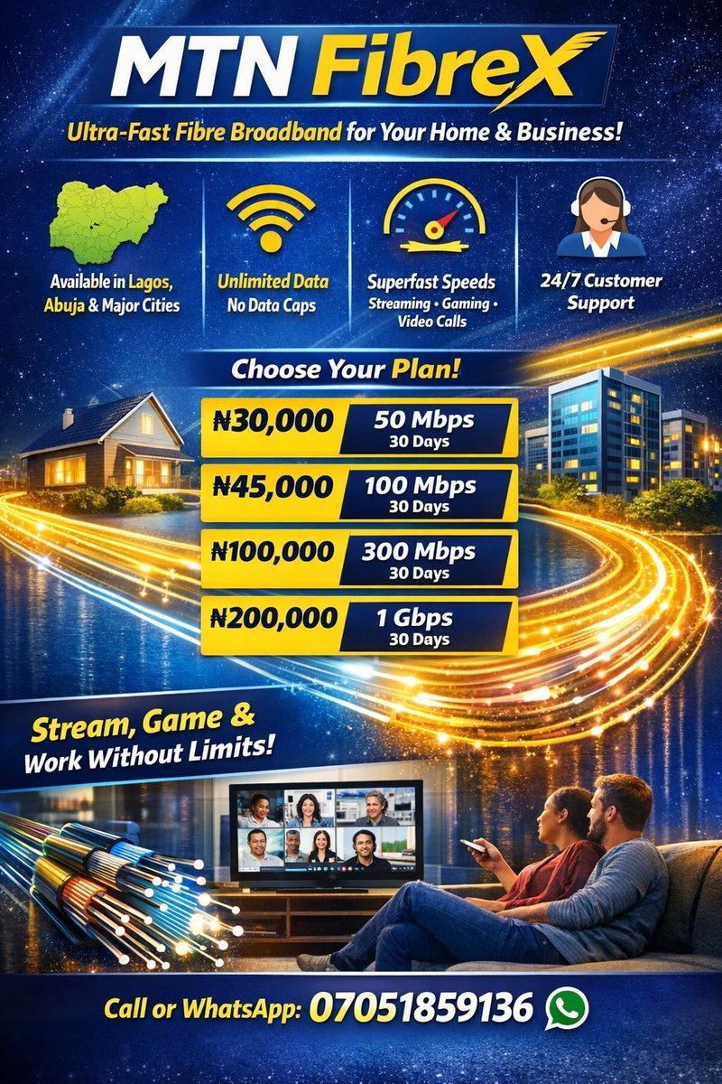 halvin91's tweet photo. @Gidi_Traffic MTN FibreX is MTN Nigeria’s ultra-fast fibre-optic broadband service that delivers unlimited, high-speed internet directly to homes and businesses. It works by using fibre-optic cables https://t.co/loJeGOyvwO