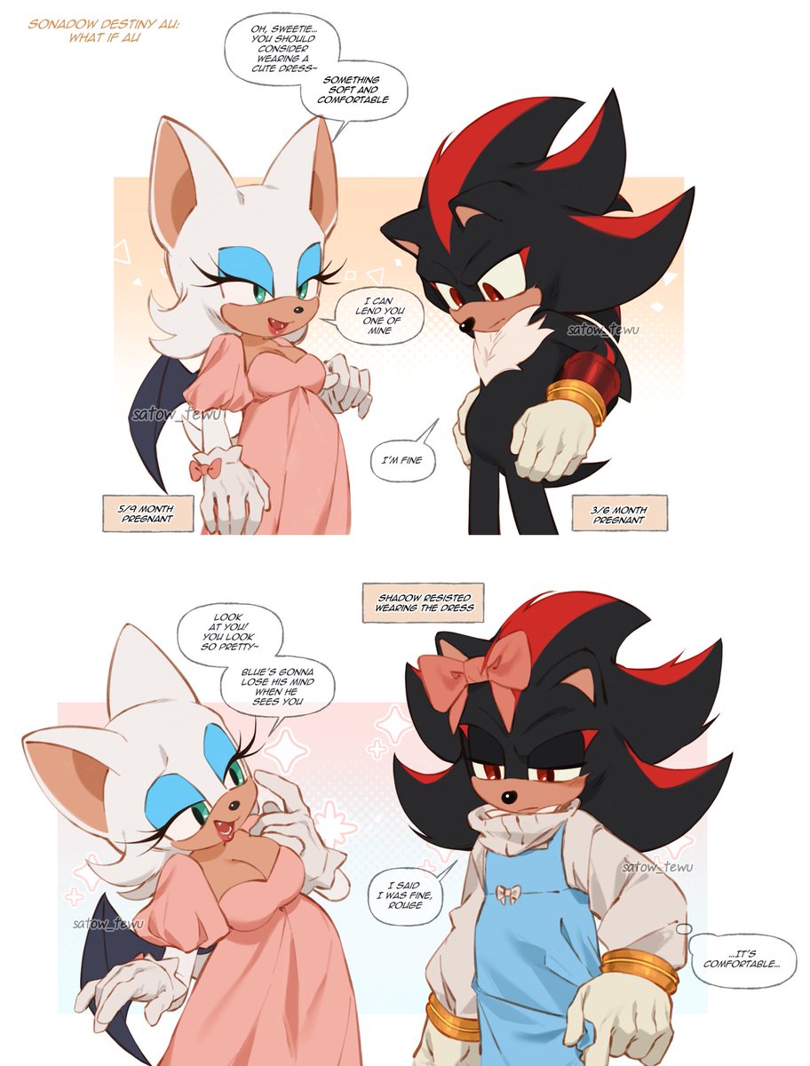 mpreg/ Destiny AU : what if AU 
Shadow and Rouge were pregnant around the same time. Rouge had fun picking a cute dress for Shadow~ 
#sonadow #knuxouge