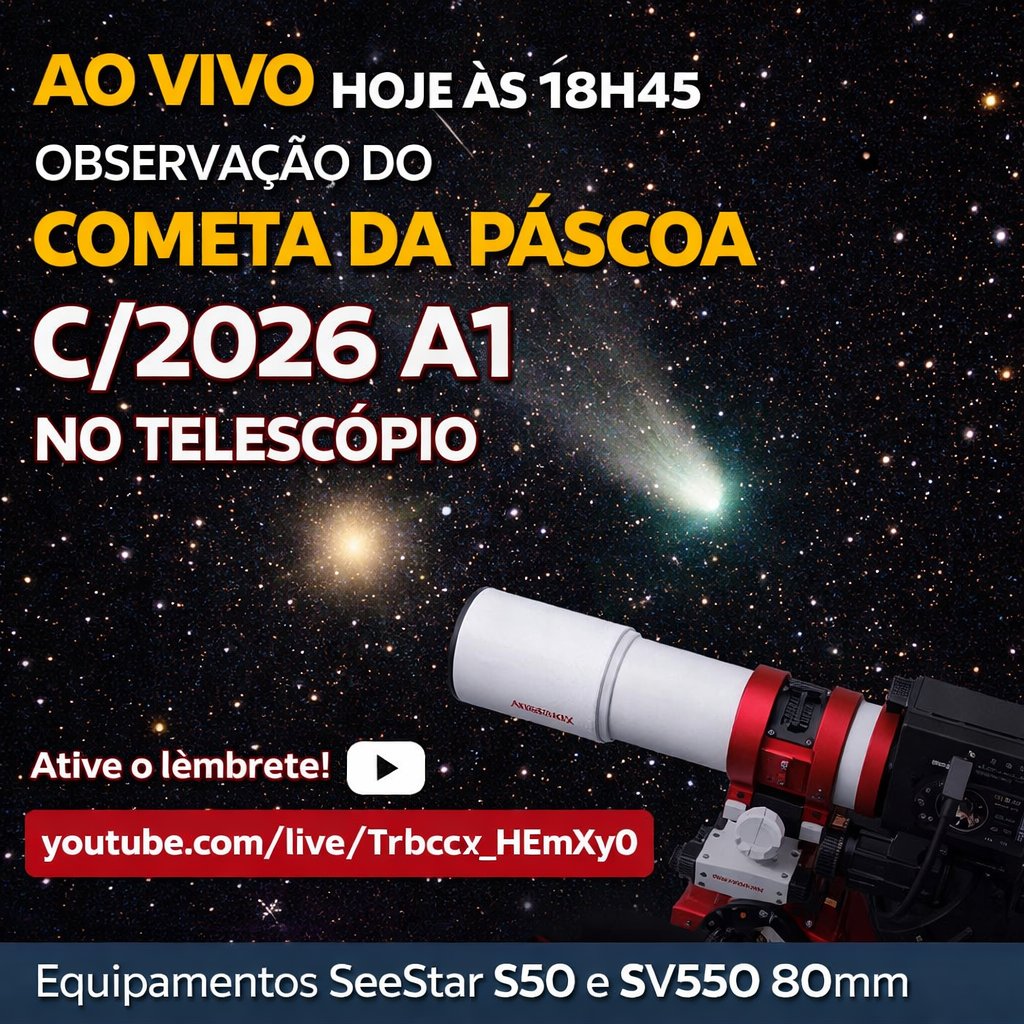 ☄️ Hoje tem LIVE de astronomia!

Vamos observar o Cometa da Páscoa (C/2026 A1) ao vivo no telescópio 🔭
Com imagens captadas pelos equipamentos SeeStar S50 e SV550 80mm
🕒 Hoje às 18h45

Ative o lembrete e acompanhe:
youtube.com/live/Trbc_hEmX…

#astronomia #cometa #c2026A1 #space