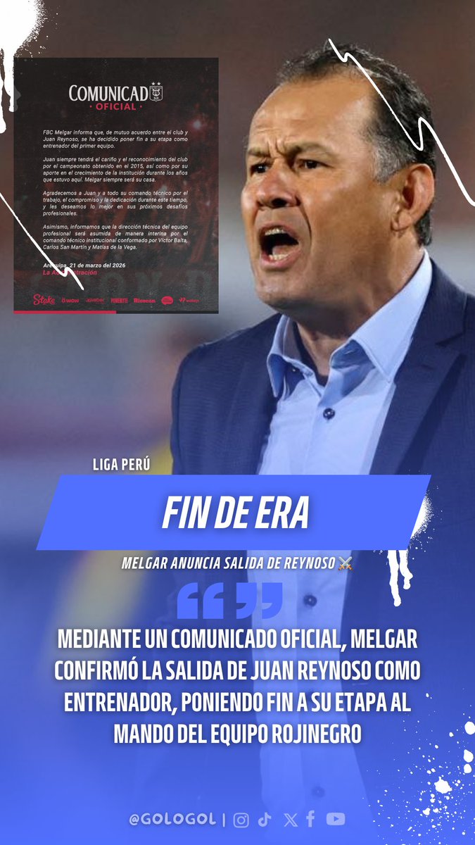 tioGologol's tweet image. ⚔️ FIN DEL CICLO

Se acabó la etapa de Reynoso en Melgar. El club tomó la decisión y ahora se abre una nueva historia en el banquillo rojinegro 💣
📲 No te pierdas lo último del fútbol peruano
#Melgar #Reynoso #Liga1TeApuesto #FútbolPeruano #Cambio #DT