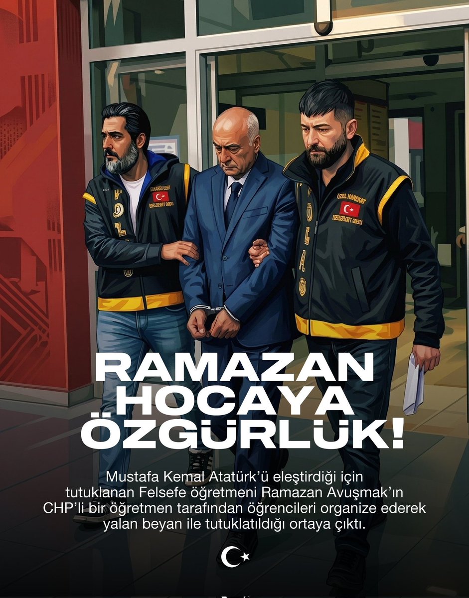 Mustafa Kemal Atatürk’ü sözde eleştirdiği için
tutuklanan Felsefe öğretmeni Ramazan Avuşmak’ın

CHP’li azılı bir Kemalist öğretmen tarafından öğrencileri organize ederek yalan ve iftira beyanı ile tutuklatıldığı ortaya çıktı.

#RamazanHocayaÖzgürlük
#RamazanAvuşmak