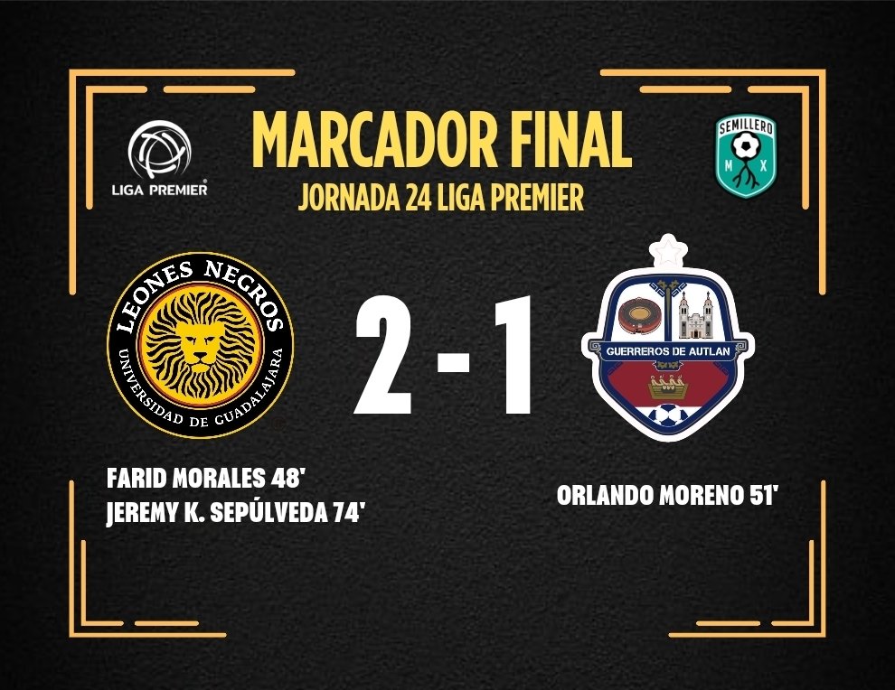 SERIE A 🥉- #Jornada24 | RUGIDO EN LA BATALLA 🦁⚔️

En duelo de jaliscienses, <a href="/LeonesNegrosCF/">Leones Negros de la UdeG</a> logró las tres unidades como local, tras vencer a #GuerrerosdeAutlán. 

Con lo cuál, vuelven a dirigir su camino hacía primeras posiciones y la liguilla de Filiales con 4️⃣6️⃣ puntos.