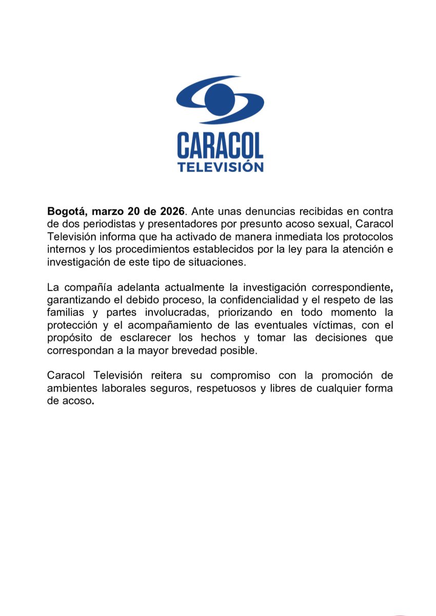 DanielMulfordSt's tweet photo. El comunicado de Caracol Televisión frente a denuncias por presunto acoso sexual es jurídicamente correcto, pero reputacionalmente débil.
¿Por qué? 🧵 https://t.co/6ACoLfWcQc