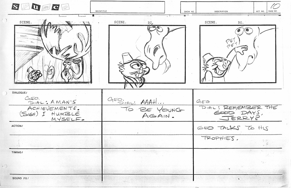 radiodormouse's tweet image. Because of space limits in the pre-digital era, George appears as “Geo” on paper boards—but your eye still glides across the page, proving you could create pans even before animatics, especially when boards were pinned up in a story room. #AnimationHistory #RenAndStimpy