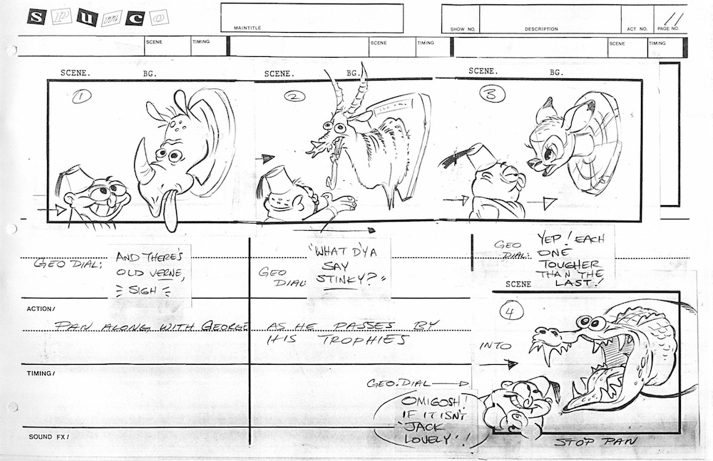 radiodormouse's tweet image. Because of space limits in the pre-digital era, George appears as “Geo” on paper boards—but your eye still glides across the page, proving you could create pans even before animatics, especially when boards were pinned up in a story room. #AnimationHistory #RenAndStimpy