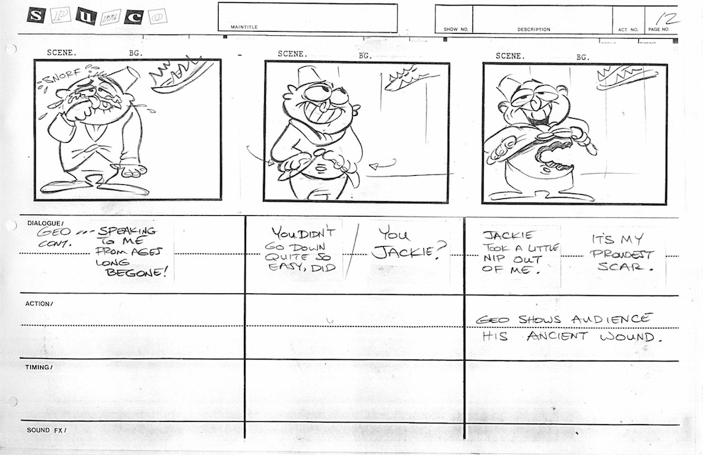 radiodormouse's tweet image. Because of space limits in the pre-digital era, George appears as “Geo” on paper boards—but your eye still glides across the page, proving you could create pans even before animatics, especially when boards were pinned up in a story room. #AnimationHistory #RenAndStimpy