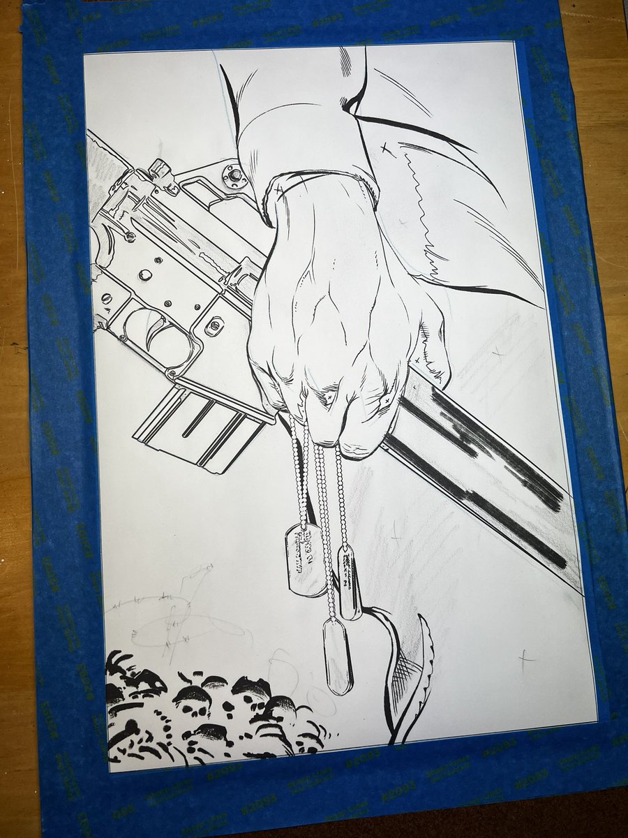 KenPerryArt's tweet photo. Process for the Day 165 Collected Edition cover painting.

Inks, acrylics, airbrush, colored pencils, markers and lots of caffeine. 

The book collects three war stories, Vietnam, WW2 &amp; Afghanistan.

Full sequence is on Instagram.

#comicart #painting #indiecomics https://t.co/Ueg9suRwwl