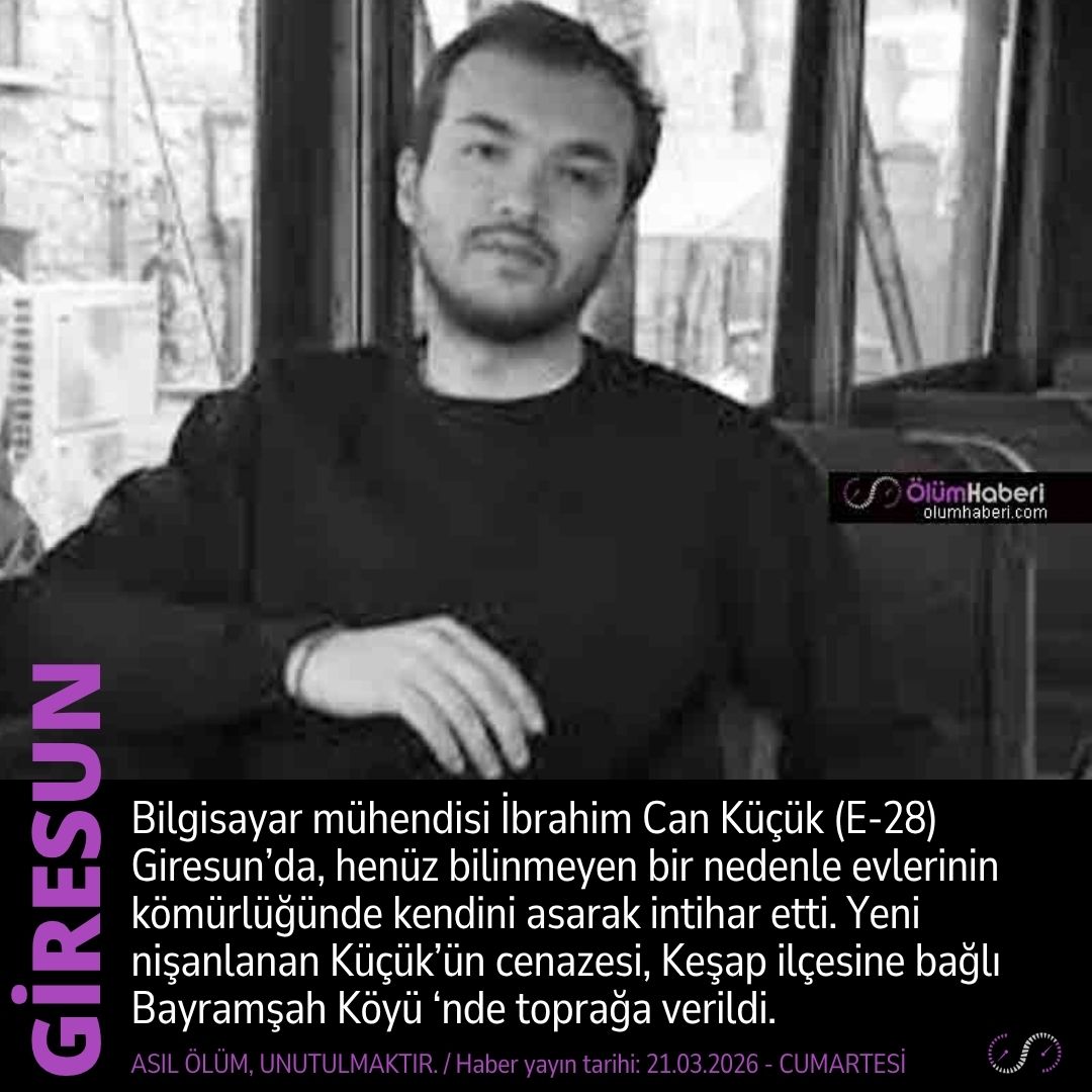 OlumHaberi's tweet photo. Bilgisayar mühendisi İbrahim Can Küçük (E-28) Giresun’da, evinin kömürlüğünde intihar etti.
https://t.co/8N2nm2YnBq
#Bilgisayar #muhendis #İbrahimCanKucuk #Giresun #intihar #vefat #cenaze #Kesap https://t.co/49GgoFIXTk