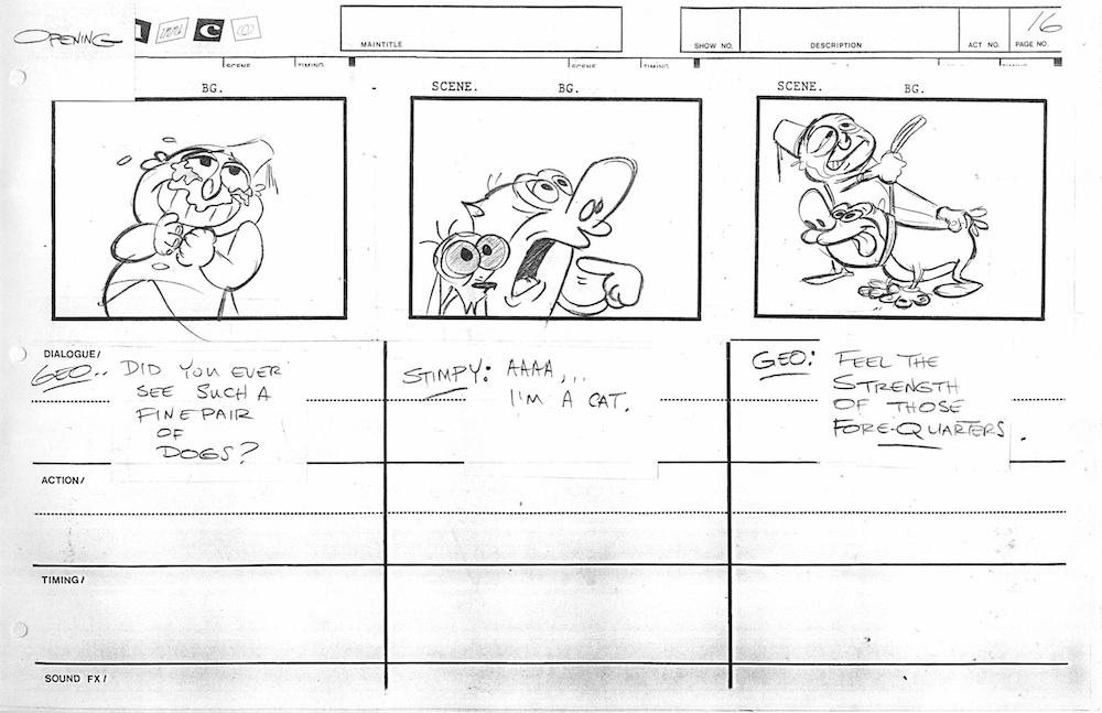 radiodormouse's tweet image. While Wilderness Adventure never made it to the storyboarding stage, several gags were repurposed for episodes of the series. For instance, the entire sequence shown below (where George mistakes Stimpy for a dog) appeared in S2E23, “Dog Show.” #AnimationHistory #RenAndStimpy