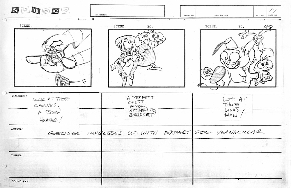 radiodormouse's tweet image. While Wilderness Adventure never made it to the storyboarding stage, several gags were repurposed for episodes of the series. For instance, the entire sequence shown below (where George mistakes Stimpy for a dog) appeared in S2E23, “Dog Show.” #AnimationHistory #RenAndStimpy